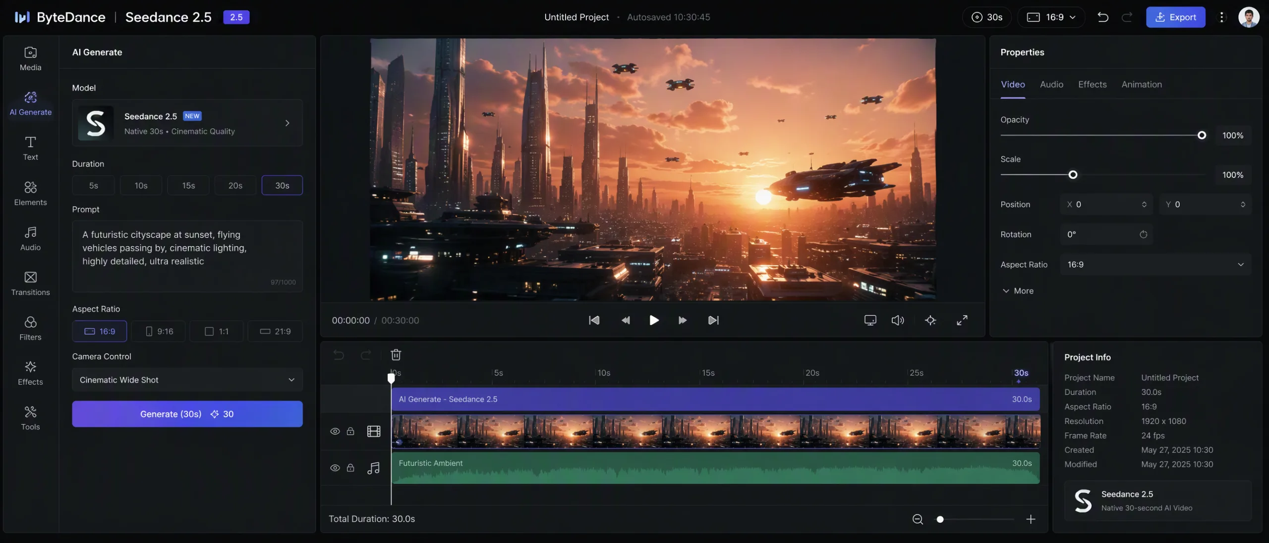 ByteDance Seedance 2.5 timeline interface showing native 30-second AI video editing
