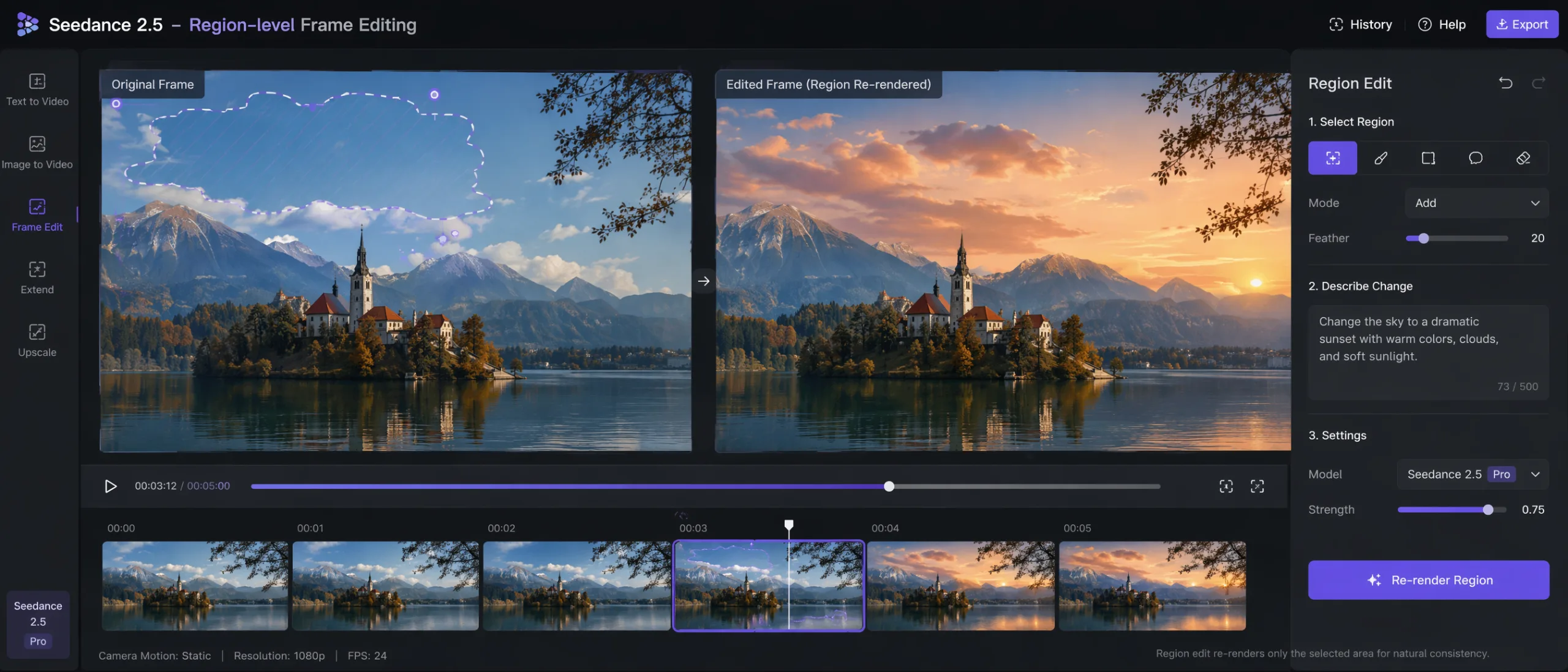 Region-level frame editing interface in Seedance 2.5 for selective AI re-rendering