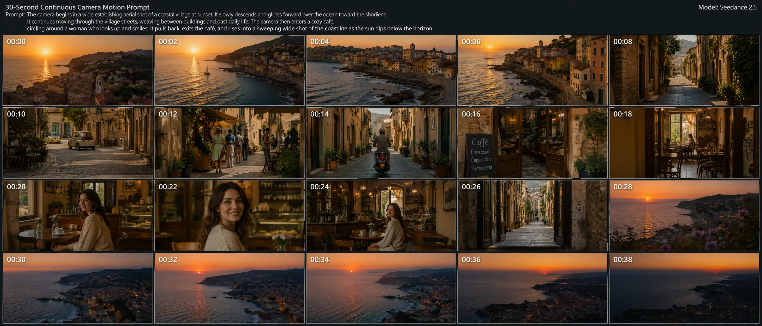 Frame output generated using a 30-second continuous camera motion prompt in Seedance 2.5.